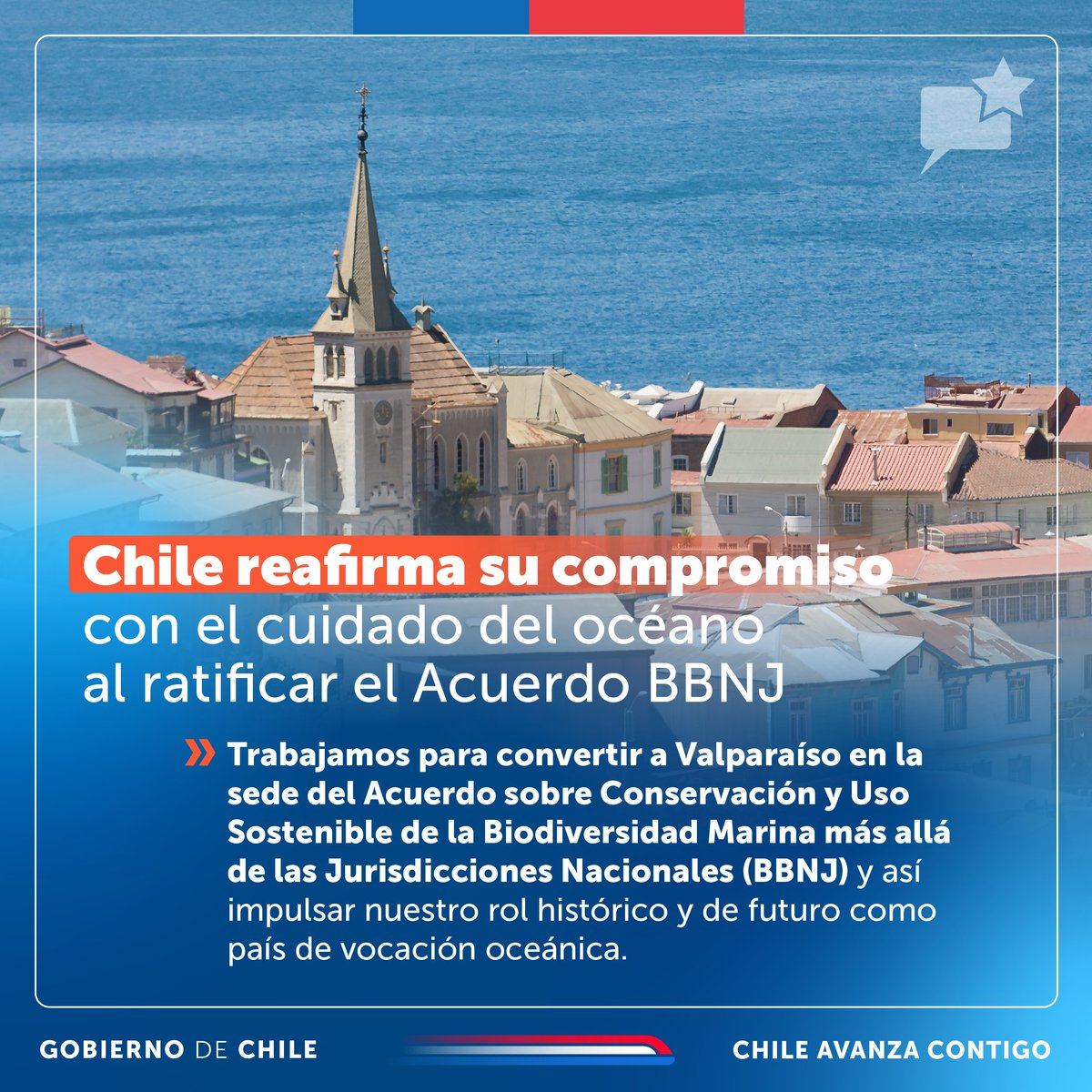 ¡Chile avanza en su compromiso con el cuidado del océano! 🇨🇱 🌊 Tras convertirse en el segundo país del mundo en depositar el instrumento de ratificación del #BBNJ ante las Naciones Unidas, Chile promueve que Valparaíso albergue la sede de la Secretaría del Acuerdo de Alta Mar.