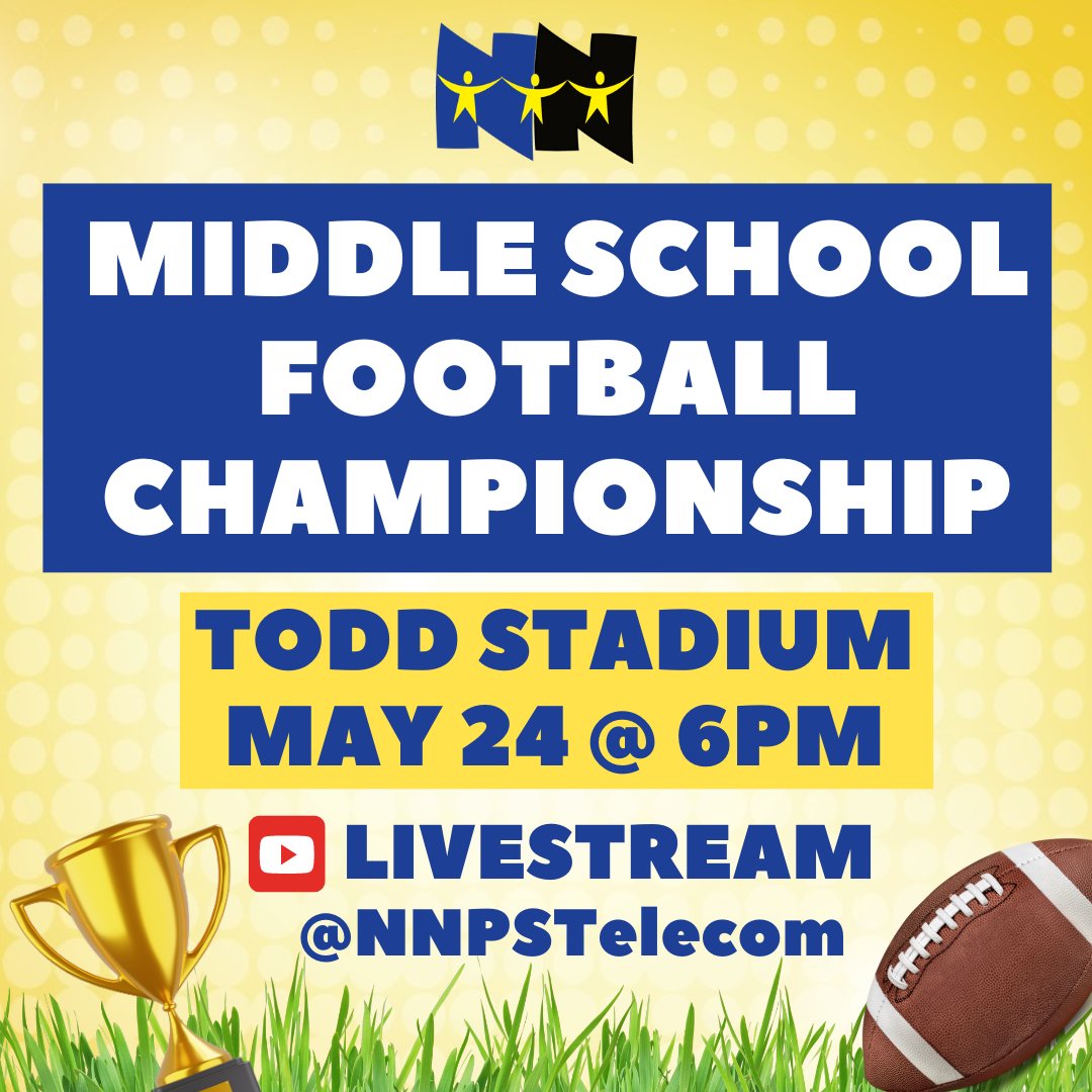The first NNPS Middle School Football Championship is tonight at 6 p.m. at Todd Stadium! 🏆 🏈 Can’t make it? Watch the livestream at youtube.com/@NNPSTelecom