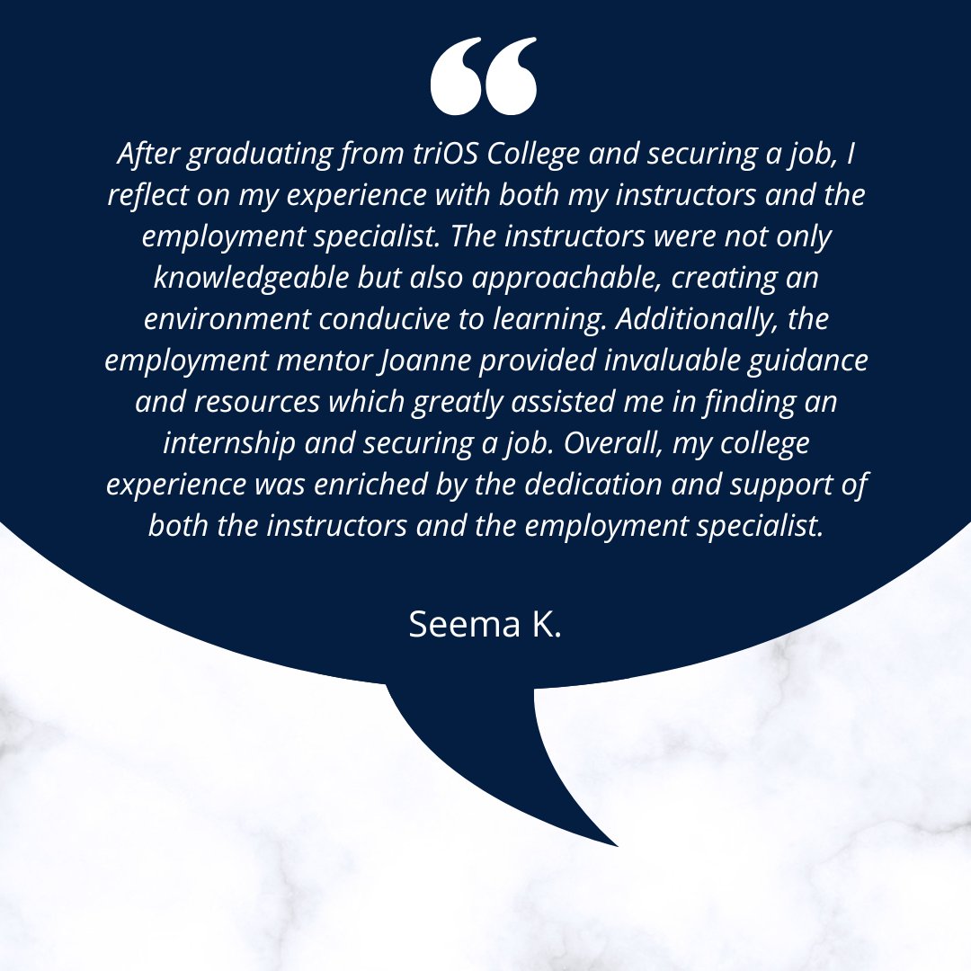 Seema recently shared her experiences with her instructors and employment specialist at our Mississauga campus. A big thank you to Seema, and congratulations on starting your new career!

#careerready #jobready #employed #graduate #testimonial #triOSCollegeGrad #triOSCollege