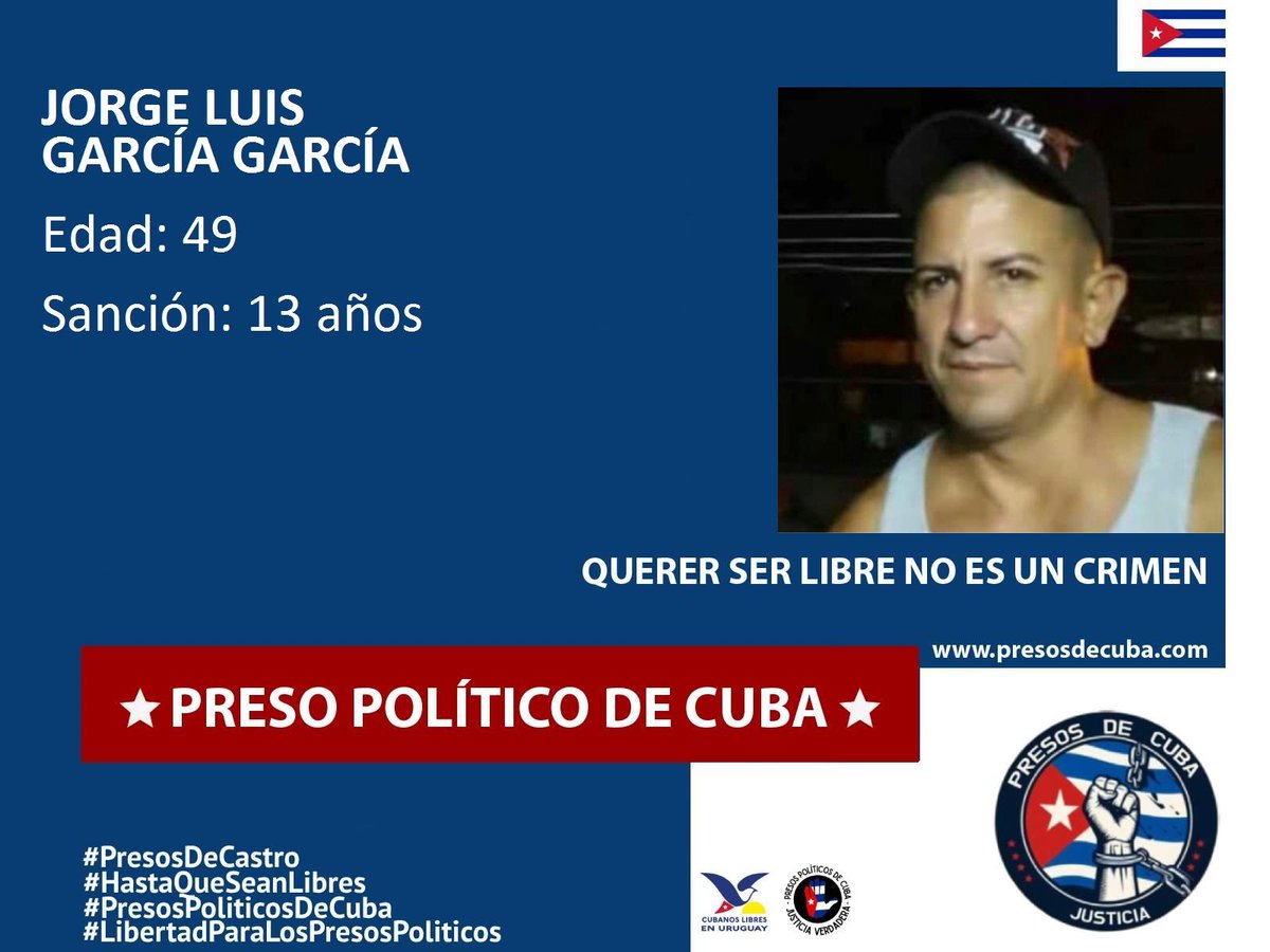 #Denuncia 🇨🇺
El preso político y manifestante del 11J del municipio Palma Soriano de Stgo de Cuba.
Condenado a 13 años de prisión por los falsos delitos de desorden público y desobediencia.
Se encuentra actualmente en la prisión de Boniato Stgo de Cuba.
Jorge Luis García denuncia