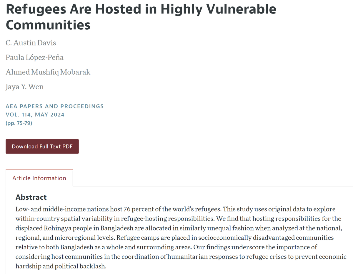 We wrote up a simple fact: The burden of hosting refugees falls disproportionately on communities that are themselves vulnerable and marginalized...poor countries, and poorer places within those countries. aeaweb.org/articles?id=10…