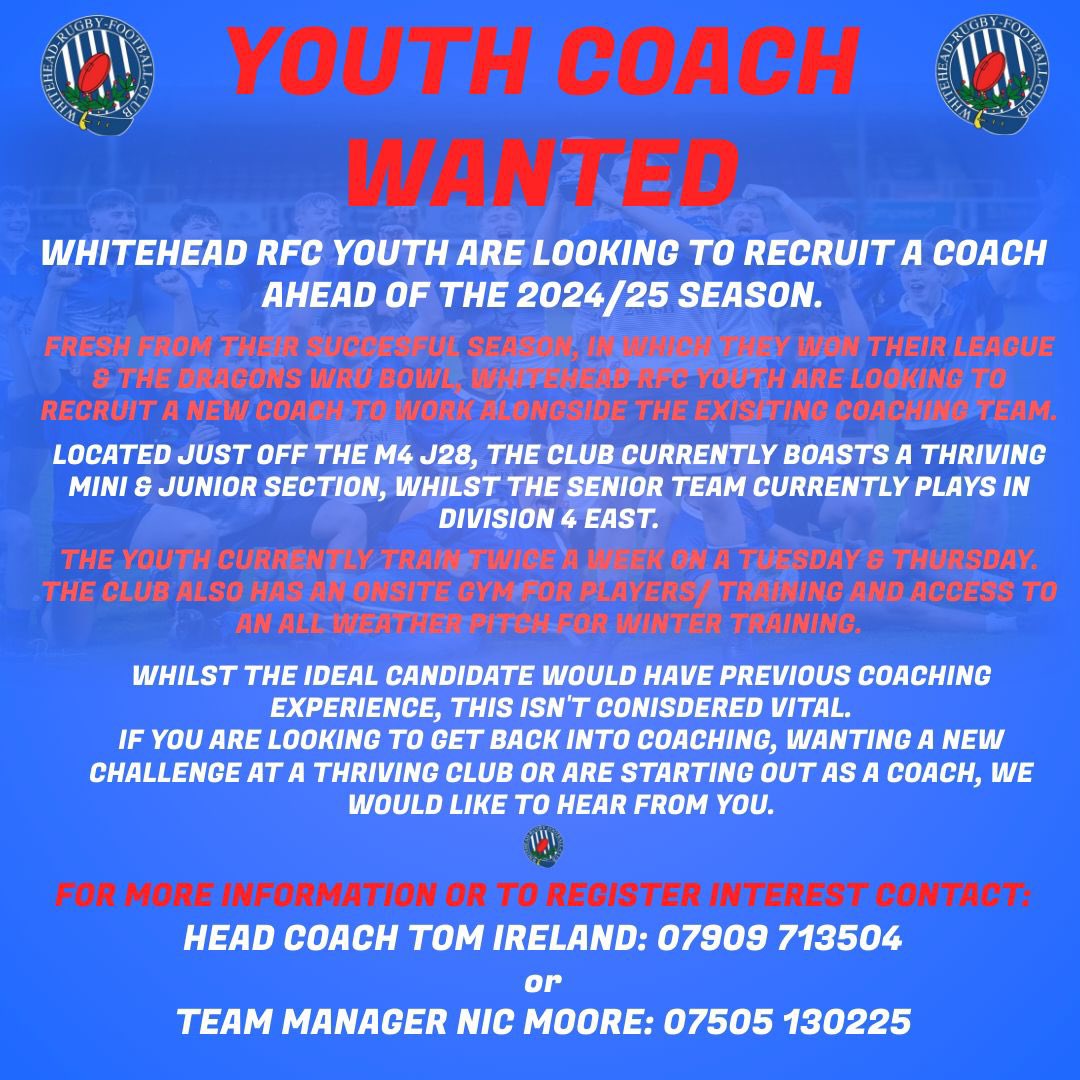 🔵 YOUTH COACH WANTED 🔵 Our Youth Team are looking for a coach to join the current set up ahead of the new season! They’re coming off a fantastic season where they completed a double. See poster for details!