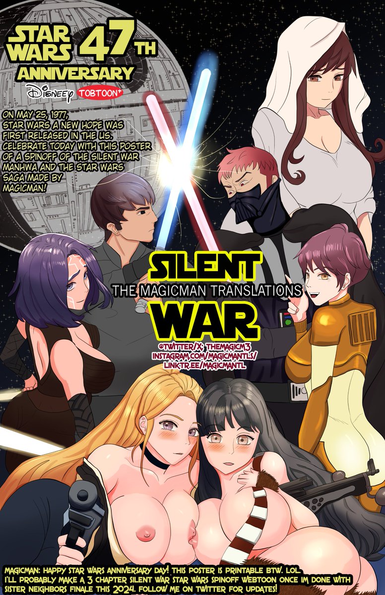 TheMagicM3's tweet image. #Starwars47 Happy #starwarsanniversary! Happy #GeekPrideDay too! 47 years ago, star wars was first released! so here is a poster of Silent War manhwa x star wars spinoff webtoon.  Manhwa/Pornhwa 4 life!