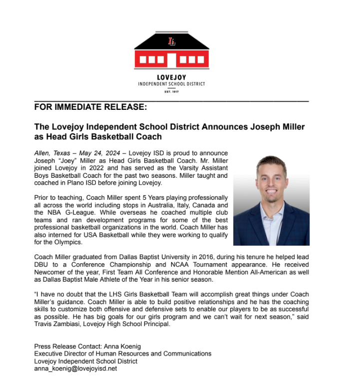 Congratulations to Coach Miller being named the new Head Girls Basketball Coach!  Great things ahead!