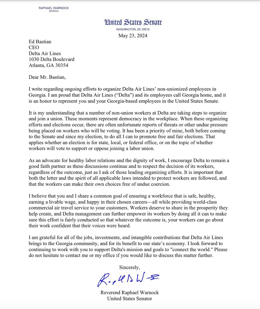 As a proud voice for Georgia workers in the Senate, I encourage @Delta to remain a good-faith partner as workers seek to unionize. These moments represent democracy in the workplace. And workers deserve to share in the prosperity they help create.