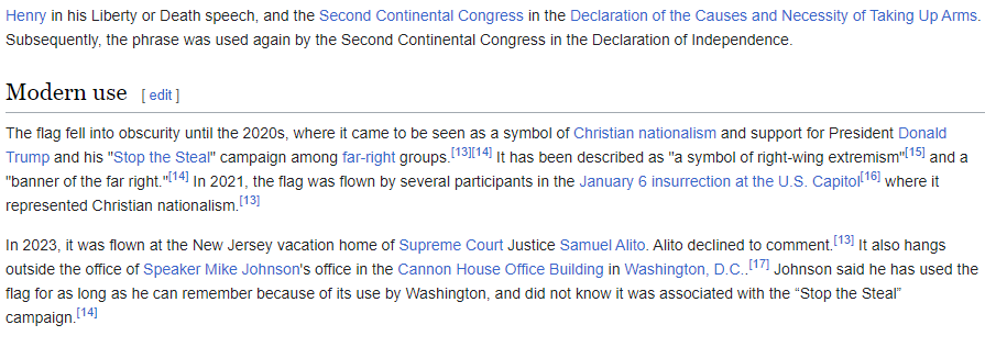 Wikipedia edits on the Pine Tree Flag page are fascinating. On Wednesday, it was just a normal flag. On Friday, it's a now a symbol of Christian nationalism and right-wing extremism. And the Popular Culture section on the HBO miniseries has been completely removed.