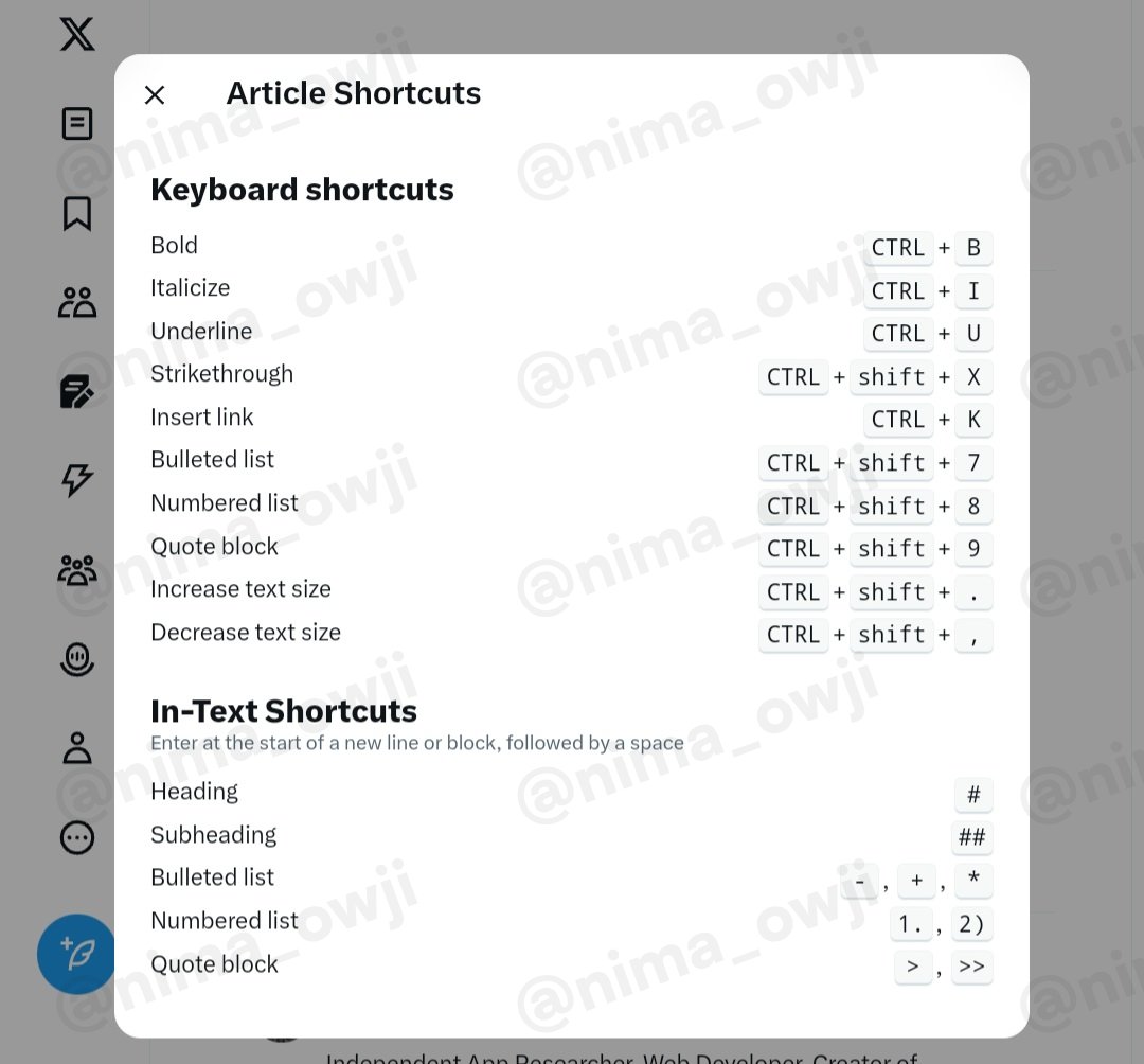 X is working on keyboard shortcuts for the article editor!