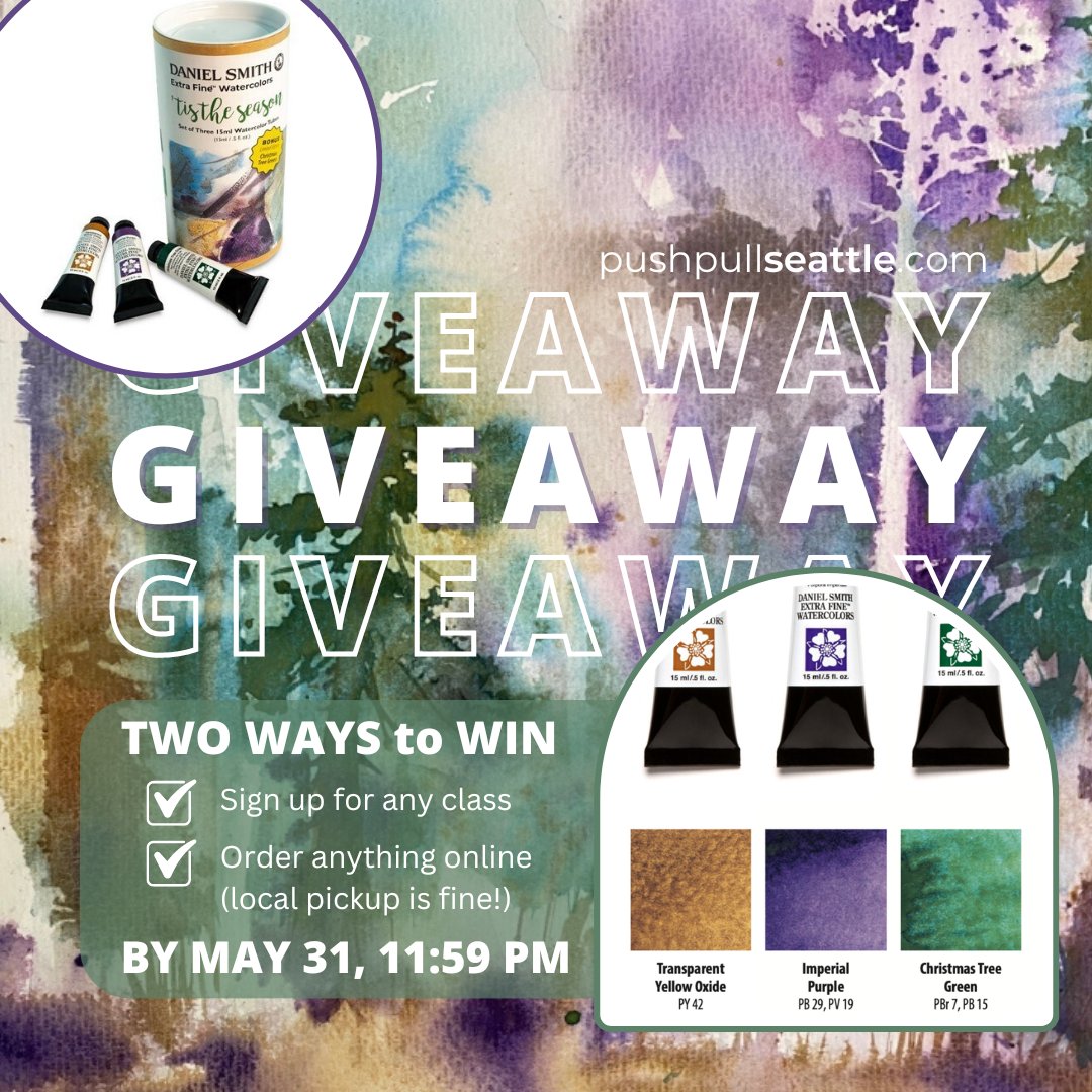 PushPullSeattle's tweet image. The winter is behind us, so we're giving away TWO of Daniel Smith's 'Tis the Season watercolor sets! 

To enter the raffle, sign up for any class or buy anything from our online store! 💚✨pushpullseattle.com &amp;amp; store.pushpullseattle.com 🌟
