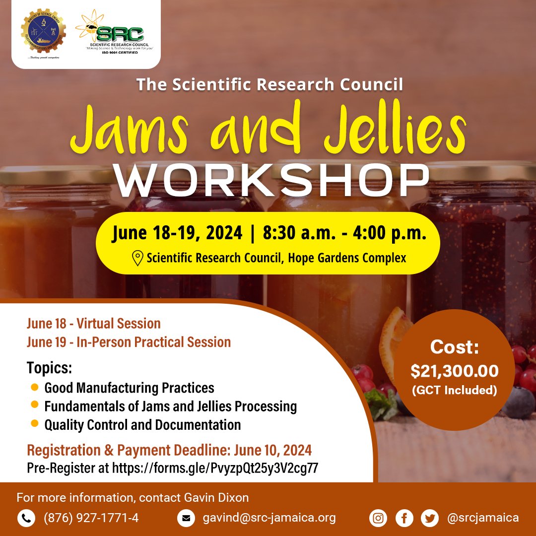Our Jams, Jellies & Preserves workshop will be held on June 18- 19, 2024. Click the link below to register!
forms.gle/Yz2Bgro1sZgi2D…

#workshop #training #entrepreneurship #jams
#jellies #productdevelopment #scienceandtechnology