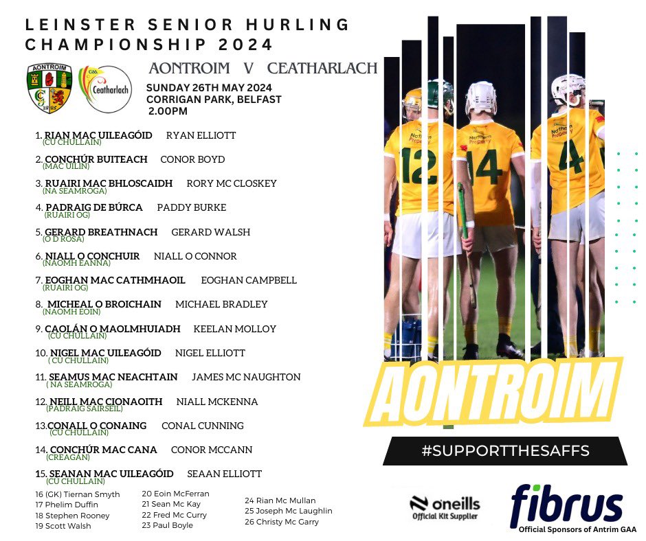 🚨🥎𝗙𝗢𝗚𝗥𝗔 : 𝗧𝗘𝗔𝗠 𝗡𝗘𝗪𝗦 🥎🚨 Darren Gleeson has named his Antrim Senior Hurling team v Carlow in round 5 of the Leinster Championship A MASSIVE game we need YOUR support this Sunday in Corrigan at 2pm 🫵🏻 🎟 ticketmaster.ie/leinster-senio… #SaffronRoar #ChampionshipMatters