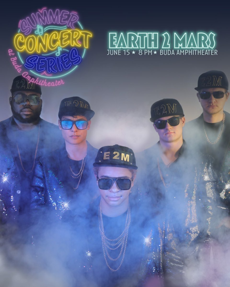 Join us for FREE live music at the #SummerConcertSeries on Sat., 6/15 from 8-9:30 p.m. featuring the funky sounds of Bruno Mars with Earth 2 Mars🎶Pack up the picnic blankets and join us at Buda Amphitheater. Knightfire food truck will be serving tasty eats.🍔#BudaTX #BudaFun