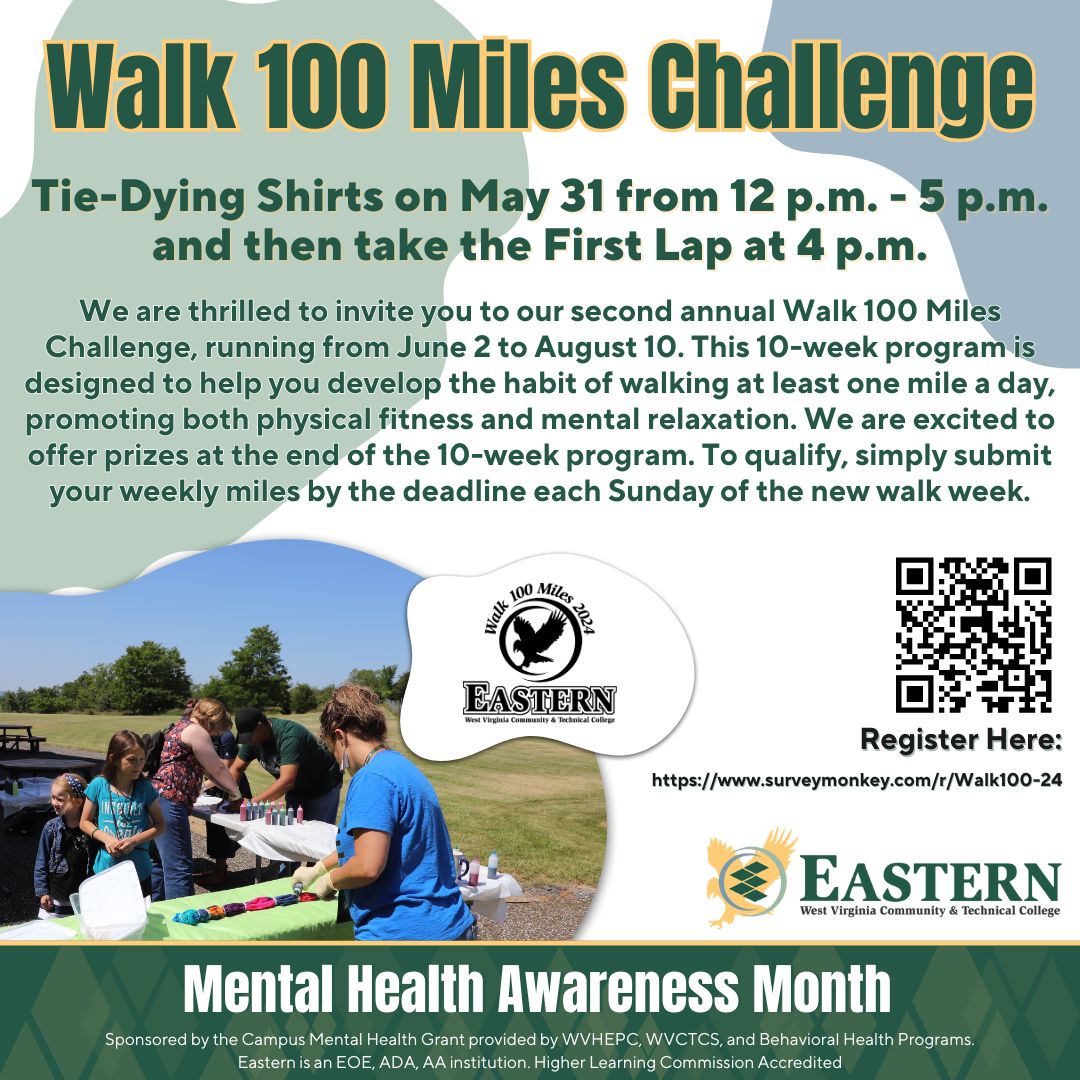 The #EasternWV🦅 Walk 100 Miles Challenge is back! Join us May 31 from 12-5 PMfor shirt tye-dying, and at 4 PM, start tracking steps with a first-mile lap. Register at surveymonkey.com/r/Walk100-24
Sponsored by our Mental Health Grant!
#DiscoverEWV #Walk100MilesChallenge #westvirginia