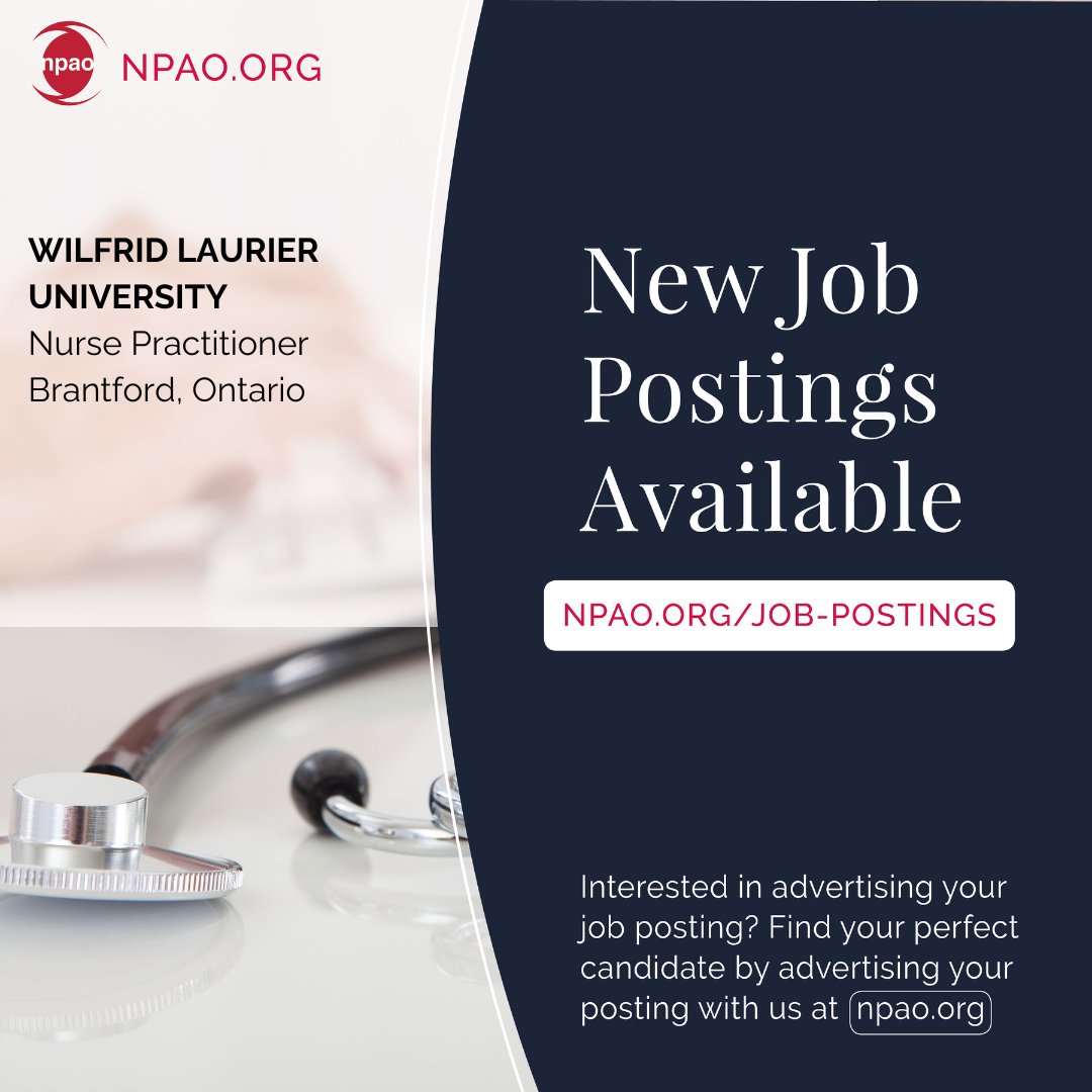 New Job Postings Available!
Learn more & Apply: npao.org/category/job-p…

New Job Posting | Wilfrid Laurier University (Brantford)

#NursePractitioner #NP #Ontario #NPcareer #NPposting #CareerinNursing