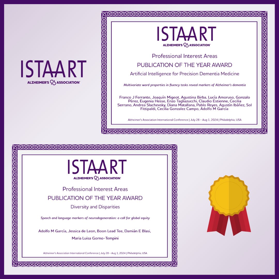 Our team is thrilled to have obtained two <a href="/alzassociation/">Alzheimer's Association</a>'s Publication of the Year Awards, in the categories "Diversity and Disparities" and "Artificial Intelligence for Precision Dementia Medicine". Congrats to <a href="/FranFerrante95/">Franco Ferrante</a>, <a href="/joaquin_migeot/">Joaquín Migeot</a>, all co-authors!