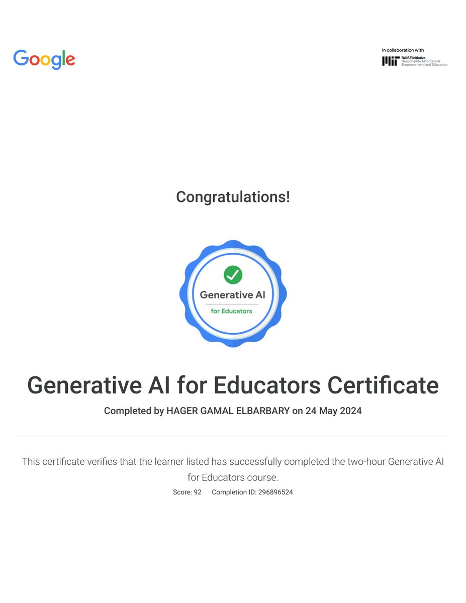 I’m happy to share that I’ve obtained a new certification: Generative AI for Educators Certificate from Google! #GenAI #GrowwithGoogle #Ailiteracy