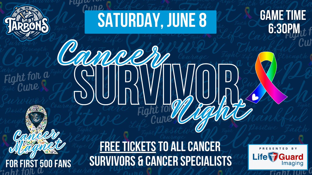 2️⃣weeks until Cancer Survivor Night Presented By @LGimagingTPA! Join us on June 8 to recognize cancer survivors, raise awareness & celebrate life! 🎗First 500 fans receive a Tarpons Cancer Survivor Ribbon. 🎗️🔗: bit.ly/3KeCnQR
