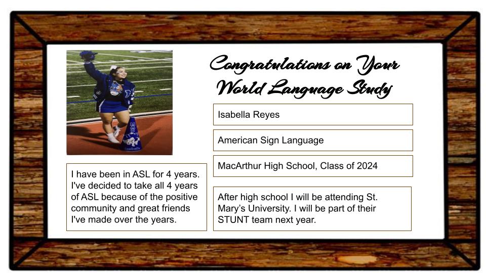 NEISD WL (@neisdwl) on Twitter photo Congratulations, Isabella Reyes! American Sign Language senior at MacArthur High School! <a href="/RealBrahmaPride/">MacArthur HS</a> Congratulations, Isabella Reyes! American Sign Language senior at MacArthur High School! <a href="/RealBrahmaPride/">MacArthur HS</a>