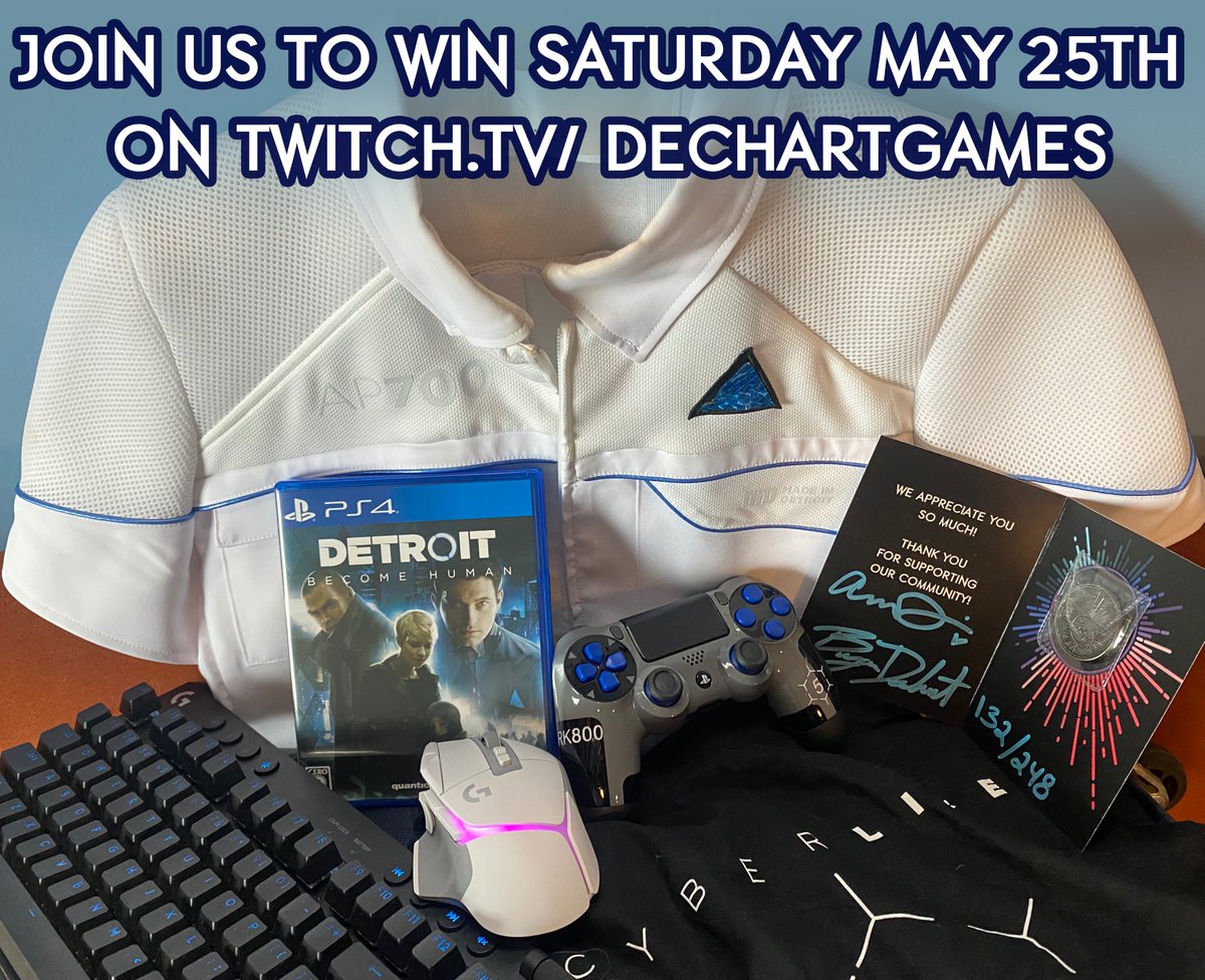 Prizes for tomorrow's #DetroitBecomeHuman 6 Year Community Celebration! < Retweet to Invite! > Join us on Twitch from Noon PT to WIN one of many epic prizes including: ⭕️ Official AP700 Cosplay from the D:BH Premiere ⭕️ Custom RK800 PlayStation controller by @GamestylingNL