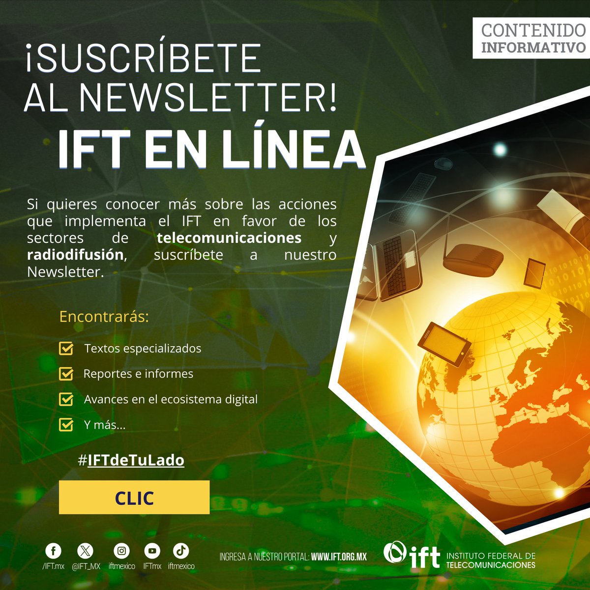¿Te apasiona el mundo digital 🌐, las #Telecom🛜 o la #Radiodifusión📡? Entonces no puedes perderte nuestro newsletter #IFTenLínea 📰💻📲 Forma parte de nuestra comunidad digital, ¡suscríbete! 🔔✅👉 bit.ly/449I5N8