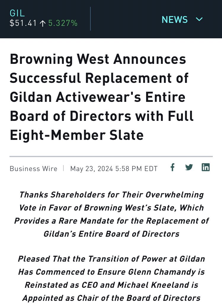 Browning West wins their fight against Gildan’s board, and former CEO Glen Charmandy is back in charge. This was a massive distraction, so good thing it’s over. $GIL.to $GIL Stock is up 5%+ today.