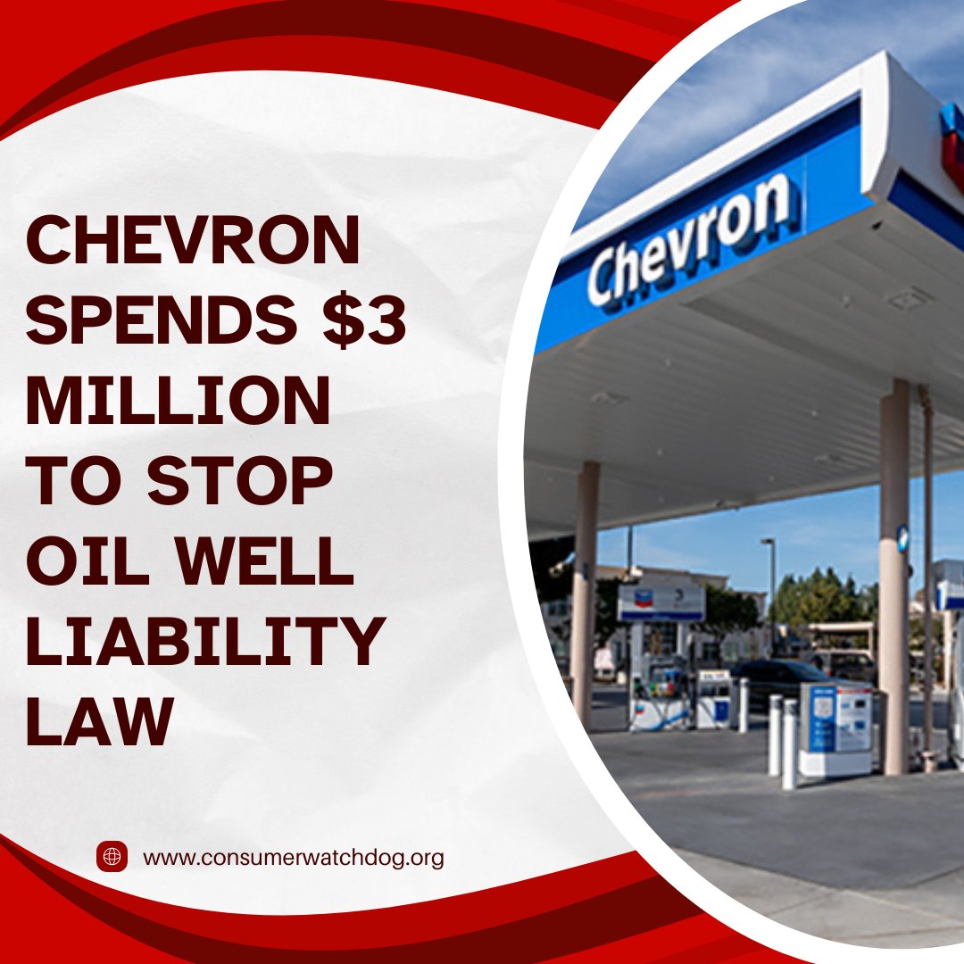 Chevron Spends $3 Million To Stop Oil Well Liability Law, Topping CA Lobbyists “Chevron is scared of AB 3155 because it will hold the company accountable to the people it harms in communities surrounding its wells,” @RaisingHellNow consumerwatchdog.org/energy/chevron…