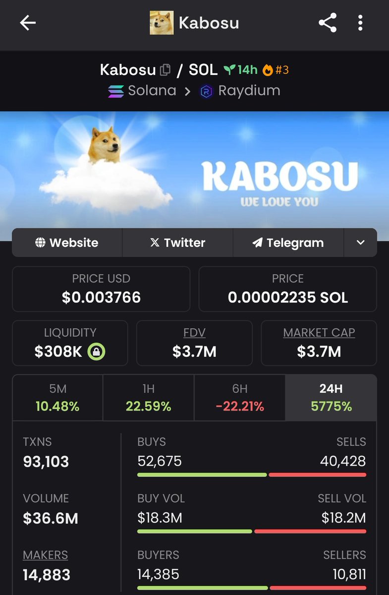 $Kabosu, launched just 14 hours ago, has already achieved a trading volume of $36 million (Pump Fun Token).