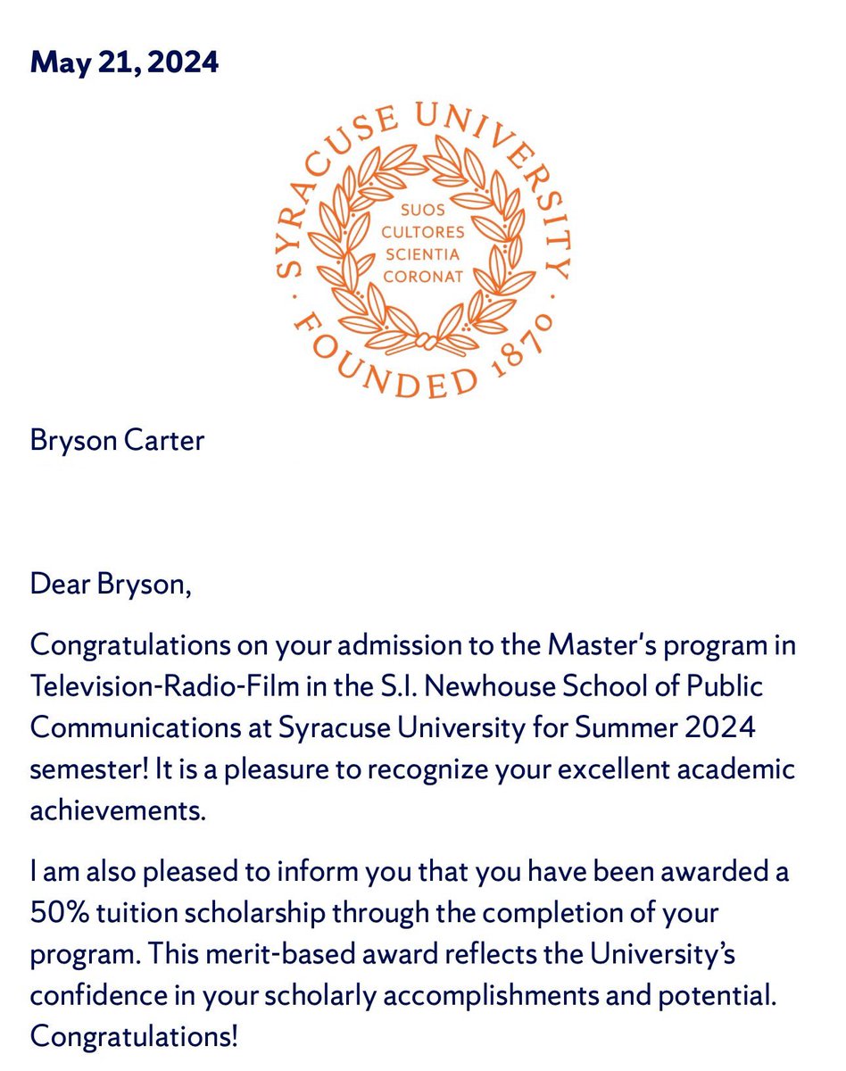 iambrysoncarter's tweet image. Dreams don’t work unless you do
Bryson Carter
B.A. Mass Media Arts (Radio/TV/Film)
Summa Cum Laude