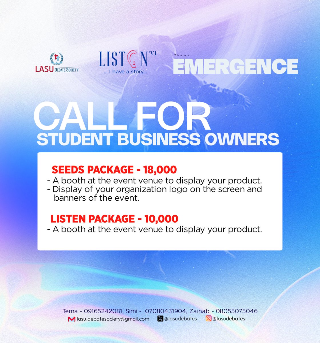 ARE YOU A STUDENTPRENEUR IN THE LAGOS STATE UNIVERSITY❓ Here's an opportunity to increase your brand visibility and reach an audience of over 5000 people. Pick a package that suits your brand and don't hesitate to reach out. Tag a student business owner you know in the comments