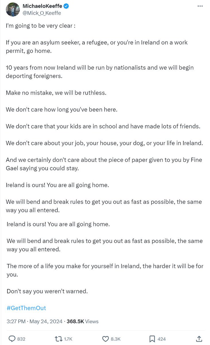 One of the most unhinged xenophobic rants you're ever likely to read. Threatening foreigners on work permits and vowing to hurt their children emotionally. It's an ever-increasing escalation of threats and there's no endpoint to all of this hatred. Beyond pathetic.