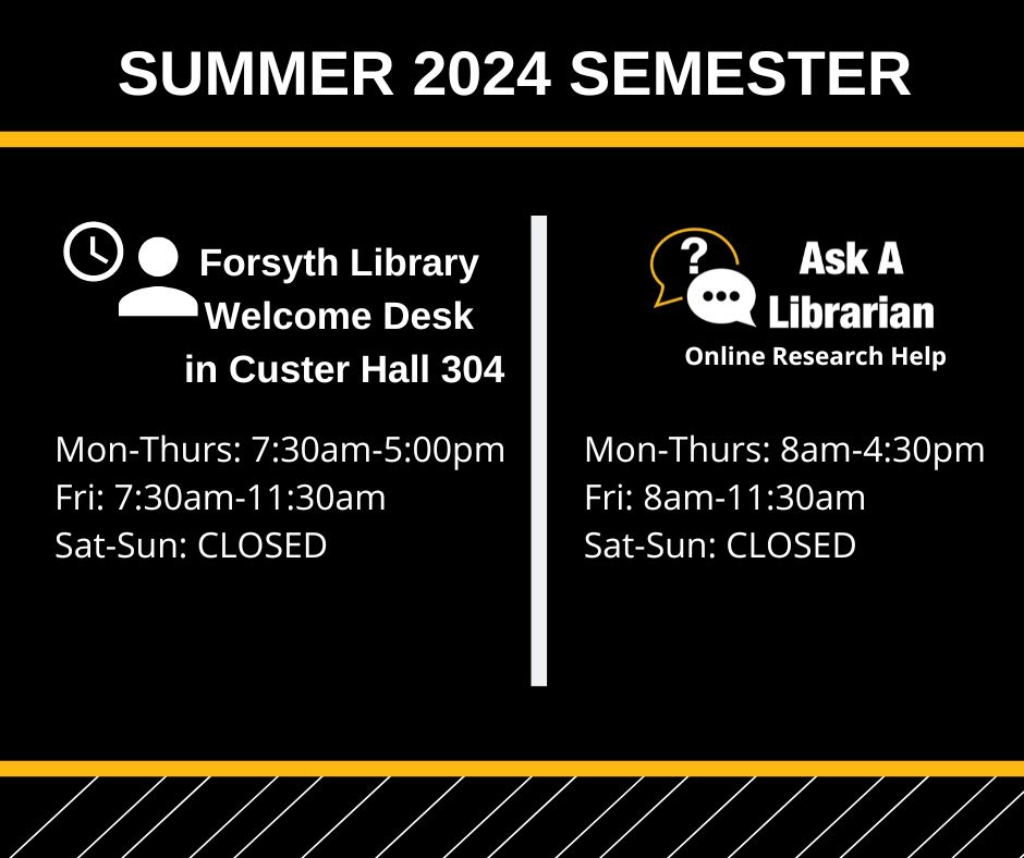 Stop by Custer 304 during business hours pick up reserved tech, Interlibrary Loan materials, or to use the Media Lab. Ask a Librarian is also available during the summer semester. Find our current hours & more at fhsu.edu/library.