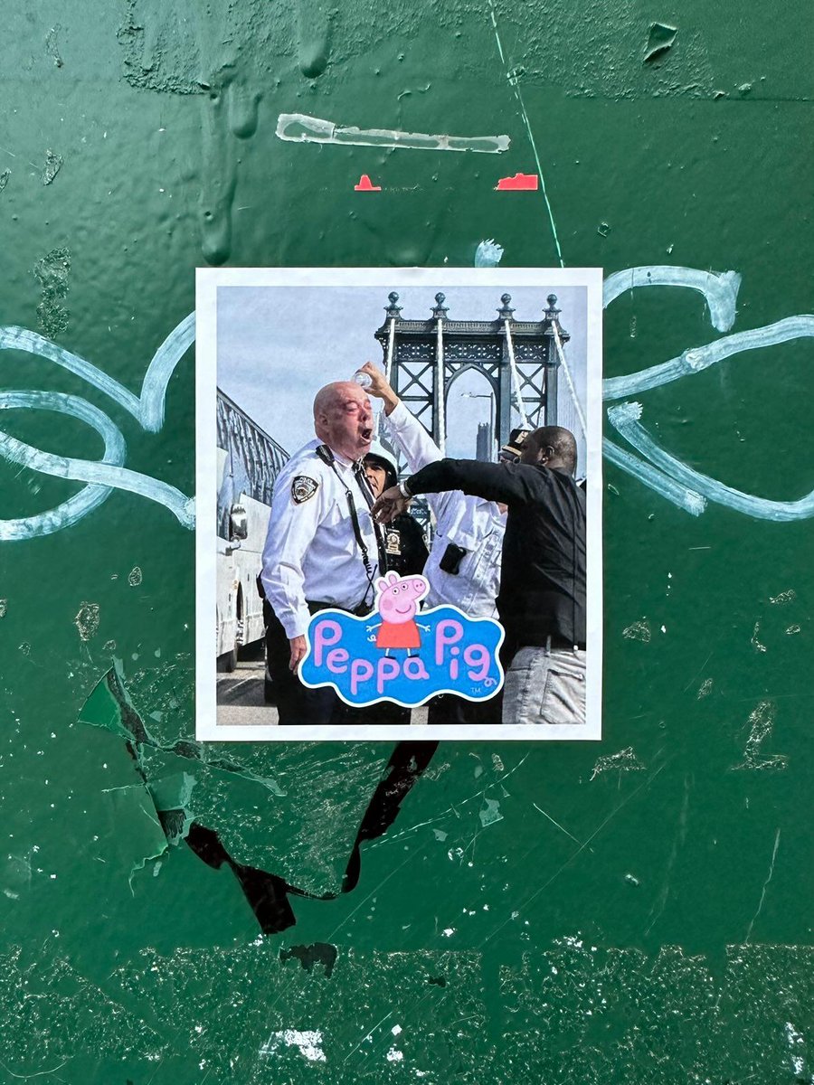 Peppa Pig sticker spotted in Harlem, New York. The photo is of a cop who accidentally pepper sprayed himself when trying to attack Palestine solidarity protesters.