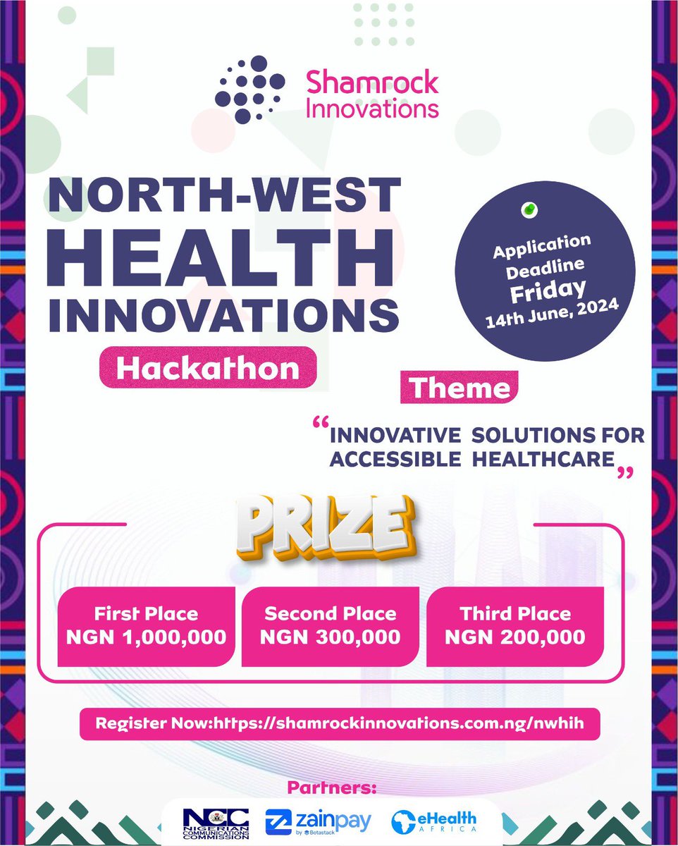 ShamrockHub's tweet image. Calling all innovators, developers, and healthcare professionals! Join us for the *North-West Health Innovation Hackathon* and collaborate with the brightest minds to tackle healthcare challenges in the North. Application Deadline: 14th June 2024 shamrockinnovations.com.ng/nwhih