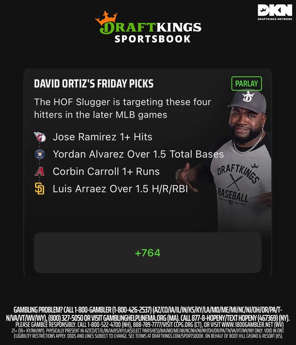 MLB PARLAY: “Big Papi” @DavidOrtiz likes these four hitters for today’s MLB betting card👇 ⚾Jose Ramirez 1+ Hits ⚾Yordan Alvarez Over 1.5 Total Bases ⚾Corbin Carroll 1+ Runs ⚾Luis Arraez Over 1.5 Hits + Runs + RBIs Odds via @DKSportsbook Are you rolling with this bet?🤔
