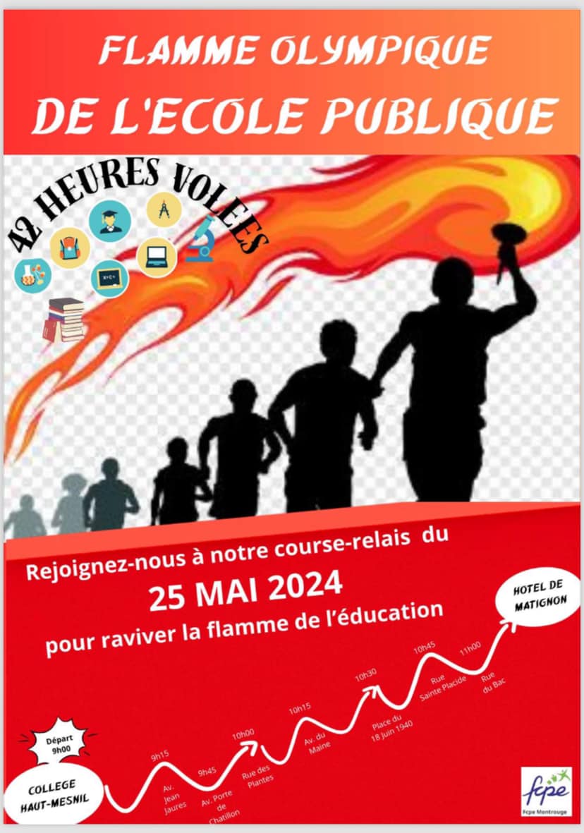 Soutien à la mobilisation qui se poursuit demain !
Parcours de la flamme pour l'école publique
👉départ : Collège Haut Mesnil  (Montrouge)
👉arrivée : Hôtel de Matignon
Soyons nombreuses et nombreux !!! 
#education #EgaliteDesChances #montrouge #montrougemaville #hautsdeseine