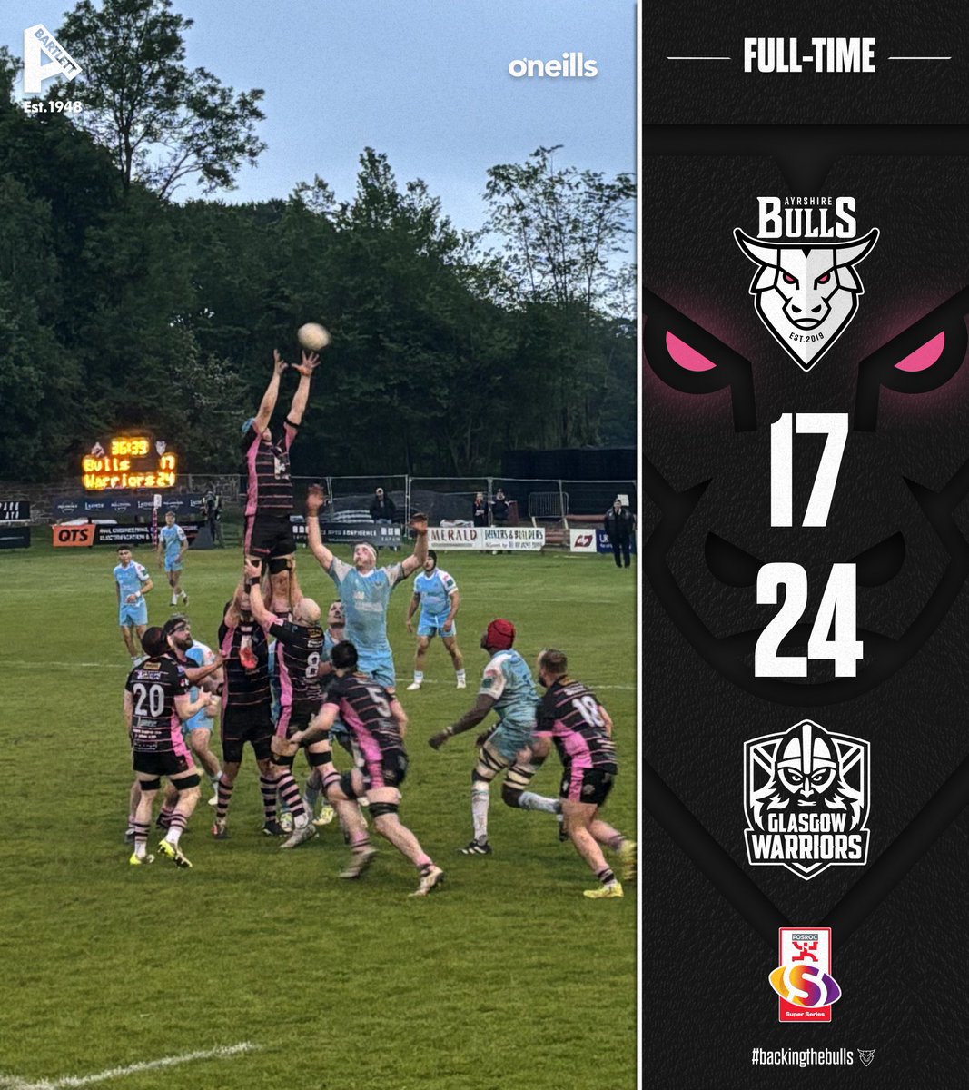 FULL-TIME Glasgow Warriors A get the victory at Millbrae in Round 5 of the FOSROC Super Series Sprint. Ayrshire Bulls 17-24 Glasgow Warriors A #backingthebulls | #FOSROCSuperSeries