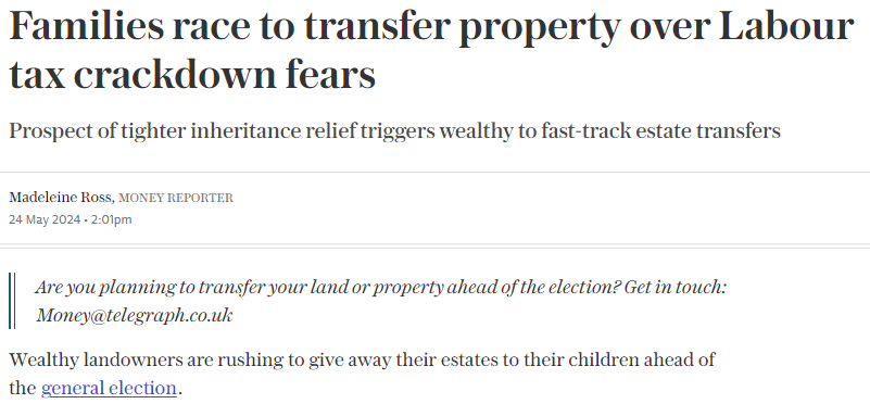 It looks like farmers don't believe Labour's promises on preserving agricultural property relief from inheritance tax. They are transferring land now, which may not be economically most sensible. Labour must make it clear that it will not water down death tax reliefs 1/2