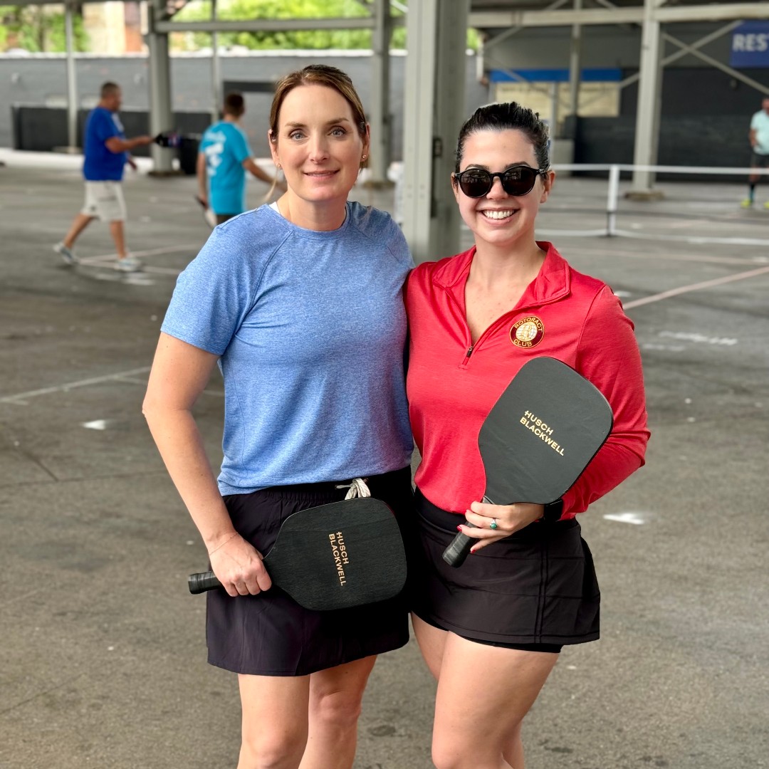 Are you ready for some pickleball? 🏓Chattanooga attorneys Melissa Kirby and Rachel Ryan took to the court in the Chattanooga Rotaract Pickleball Classic, all in support of the Chambliss Center for Children. Check out the Husch Blackwell branding on their paddles!