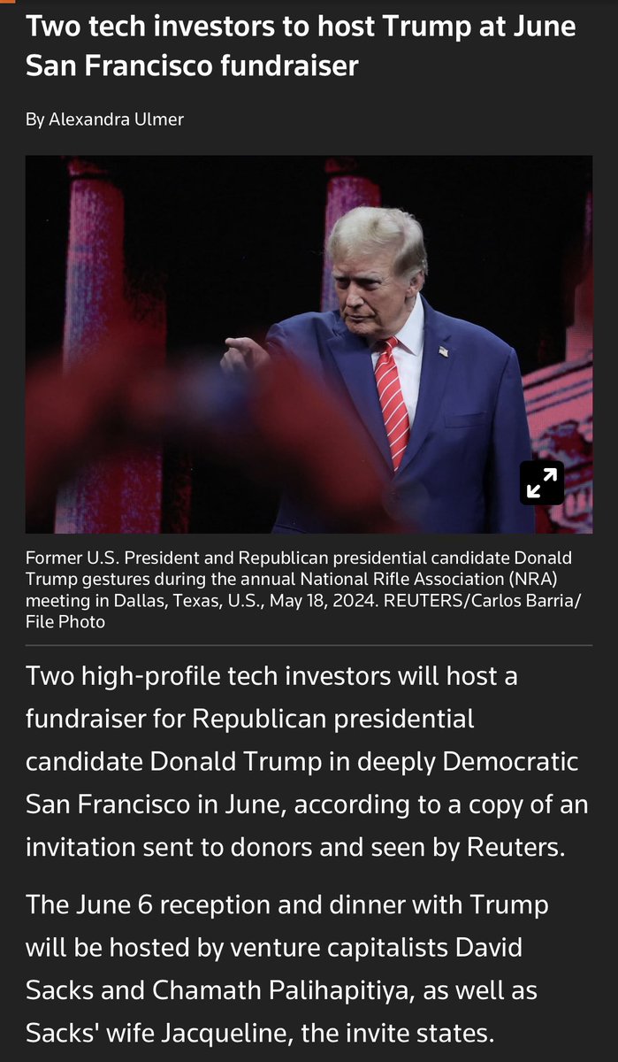 Trump attending a fundaraiser in San Francisco Bay Area in June hosted by @DavidSacks and @chamath. I haven’t checked my mail yet but surely my invite is in there right?