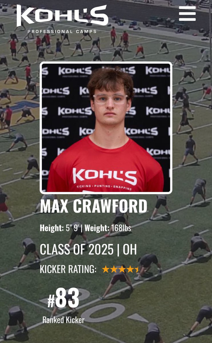 I’m thankful to be rated as a 4.5 ⭐️ kicker by Kohls and the 83rd overall!! @KohlsKicking @CoachGantz #GWK