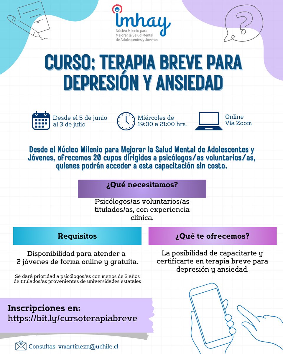 nucleoimhay's tweet photo. 𝗣𝗔𝗦𝗔 𝗘𝗟 𝗗𝗔𝗧𝗢 📣
Desde el Núcleo Milenio #Imhay, ofrecemos 20 cupos dirigidos a psicólogos/as voluntarios/as, quienes podrán acceder a esta capacitación sin costo.

📲Inscripciones en el formulario https://t.co/mpdRoSC71b https://t.co/ONdo5TqSBG
