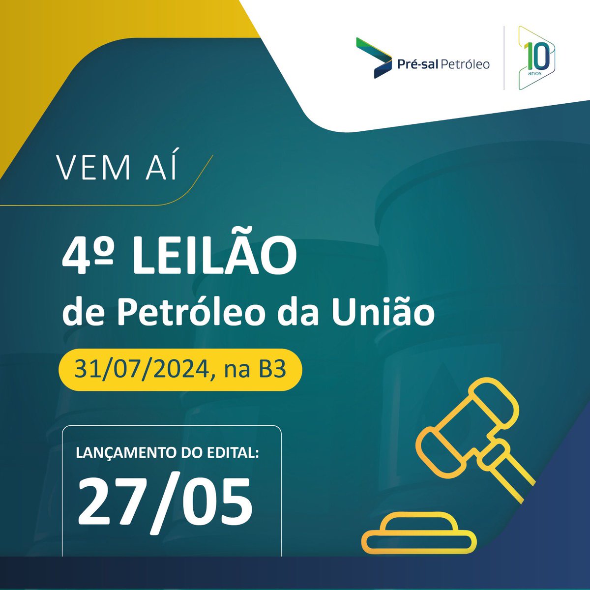 Vem aí o 4º Leilão de Petróleo da União!

Serão comercializados 33 milhões de barris de petróleo da produção da União de 2025, dos campos de Mero e Búzios. O Edital estará disponível no nosso site a partir da próxima segunda-feira, dia 27 de maio.

#ppsa #présal #petróleo