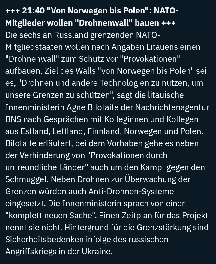 'Von Norwegen bis Polen': NATO-Mitglieder wollen 'Drohnenwall' bauen. Endlich mal eine sinnvolle Initiative für eine glaubwürdigere Abschreckung 🙏
