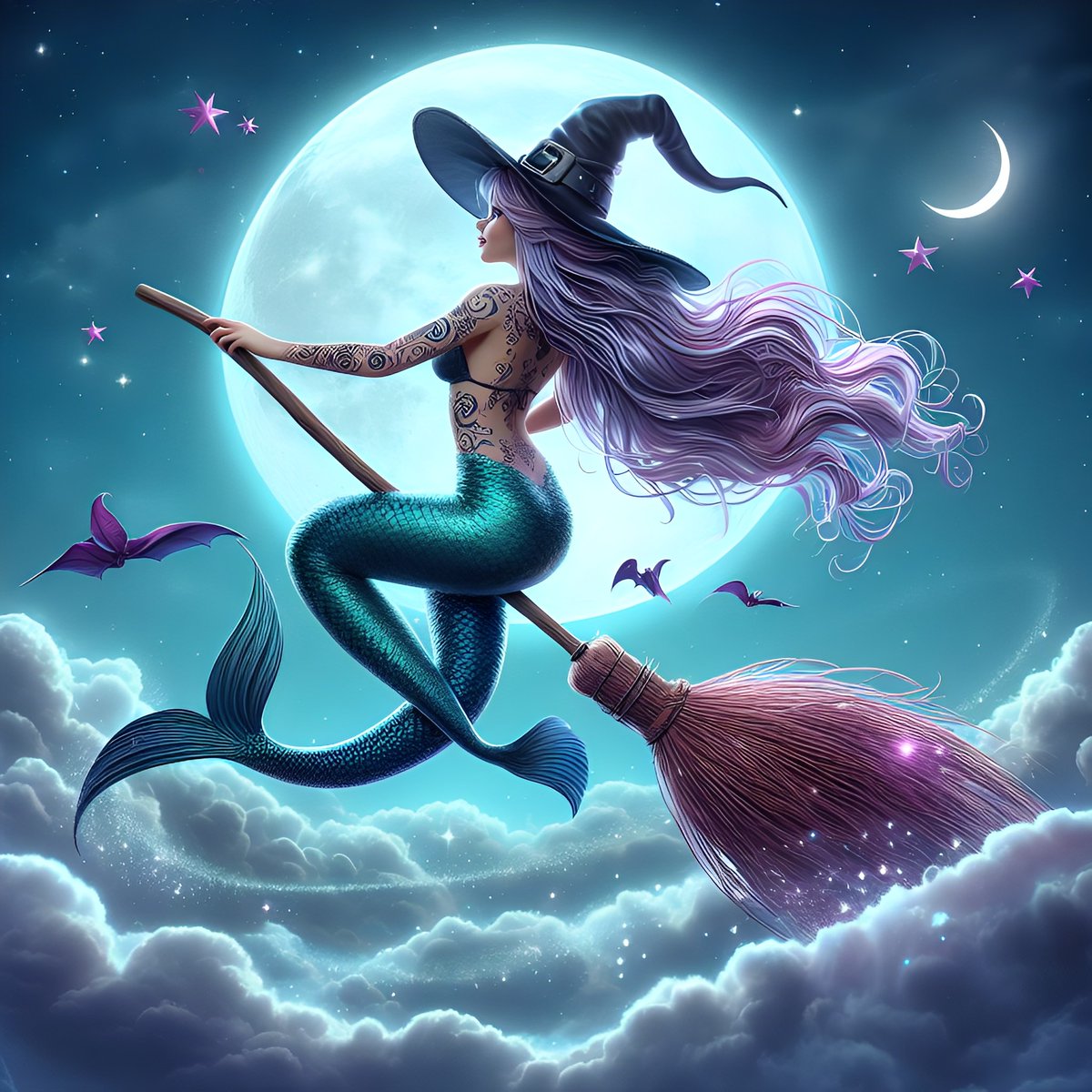 Riding high on a broomstick and feeling like a magical mermaid witch! 🌌🔮✨ #WitchyMermaid #FlyWithMe 🆀🆃 ♻ Share Your 𝗪𝗶𝘁𝗰𝗵𝘆 𝗠𝗲𝗿𝗺𝗮𝗶𝗱 Art. #MakeArtSmiles 🤜🤛🏼 ☞ 𝗔𝗟𝗧. Fantasy 𝗔𝗹𝗯𝘂𝗺 #Prompt 𝗦𝗵𝗮𝗿𝗲.