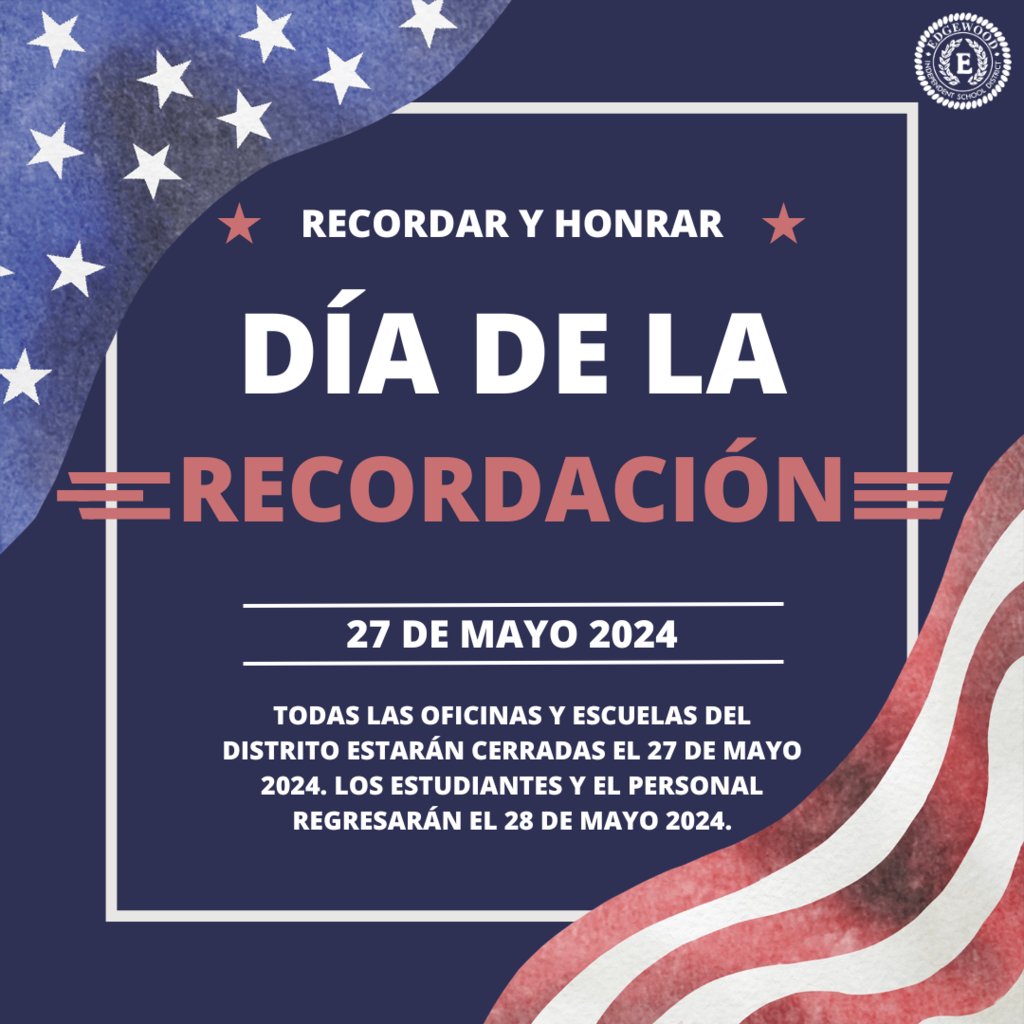 Next Monday, May 27th is Memorial Day. All district offices and campuses will be closed 🇺🇸 #IChooseEdgewood #MemorialDay
El próximo lunes 27 de mayo es el Día de la Recordación. Todas las oficinas y escuelas del distrito estarán cerradas 🇺🇸 #YoElijoEdgewood