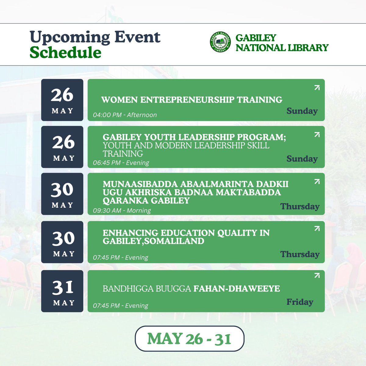 Here's the schedule for Gabiley National Library upcoming events! Come get your seat.