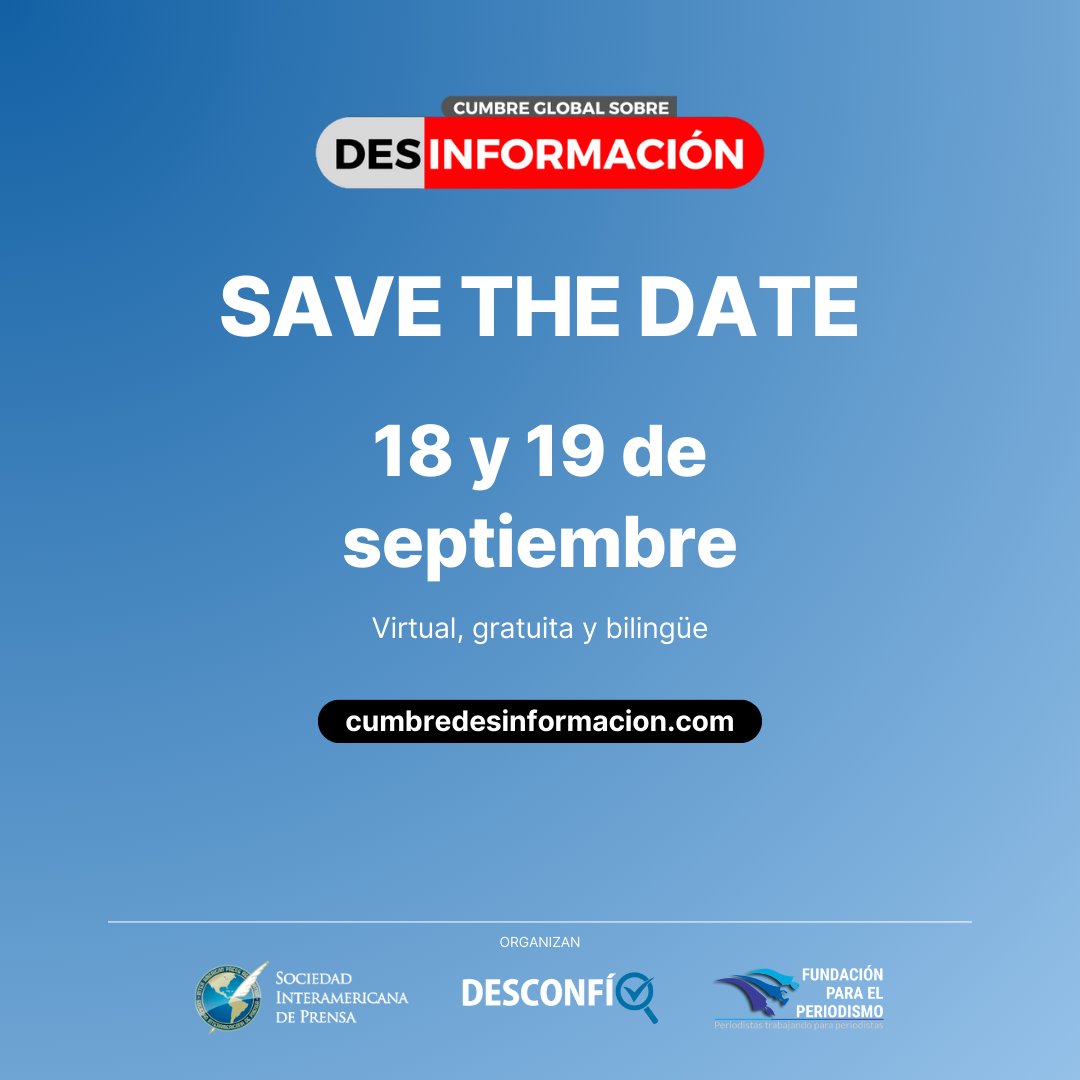 ¡Volvemos!🚀

Por cuarto año consecutivo volvemos a reunirnos periodistas, investigadores, académicos, fact checkers y medios de todo el mundo para luchar contra la #desinformación a nivel global. 🧐

¡Súmate!

@DesconfioA @sip_oficial @Fperiodismo 

#CumbreDesinfo2024