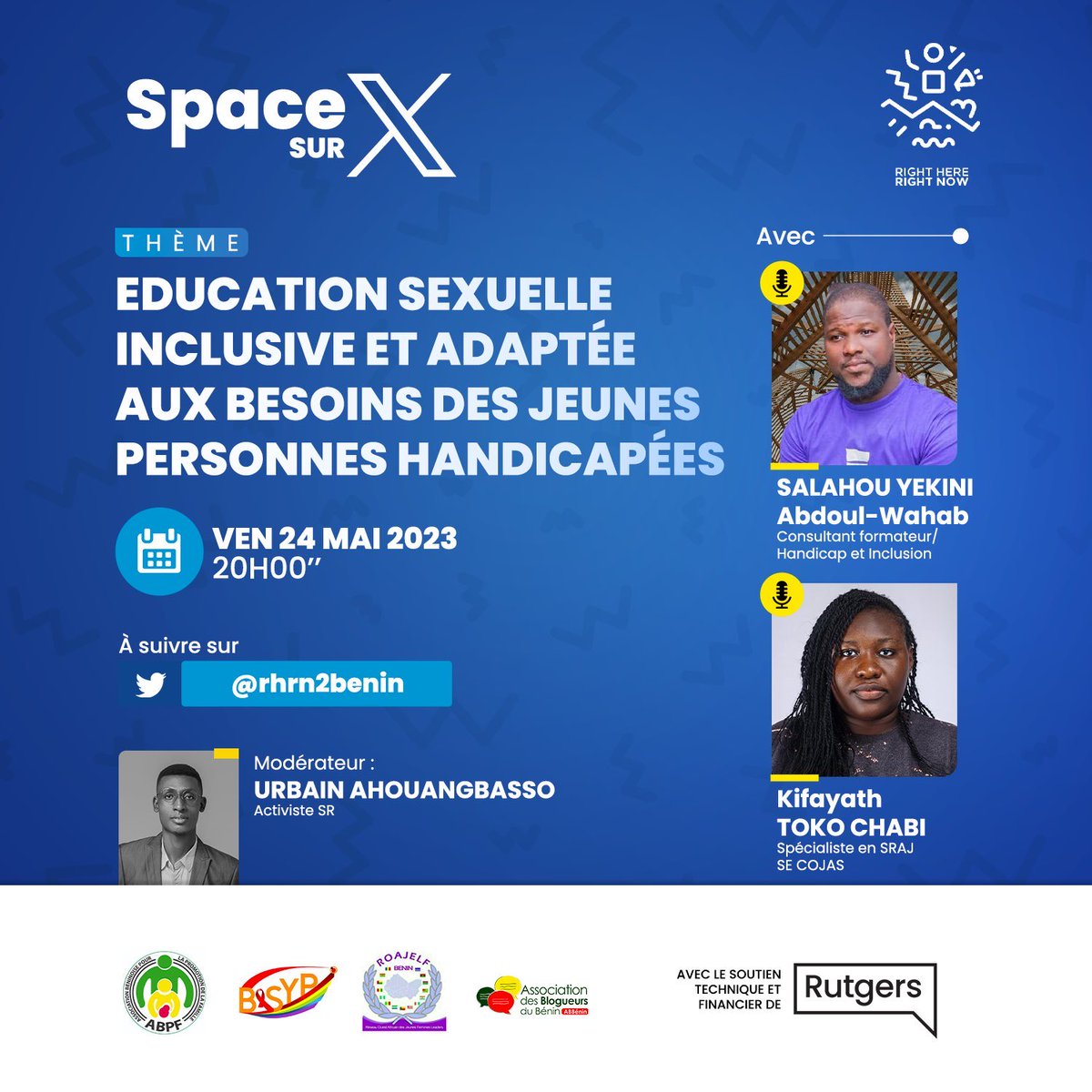 Comment assurer une éducation sexuelle inclusive et adaptée aux besoins des jeunes en situation de handicap ? 

Rejoignez <a href="/rhrn2benin/">Ici et Maintenant</a> et des spécialistes ce vendredi 20h00 pour en savoir plus sur ce sujet important.

Cc <a href="/Kifachabi/">TOKO CHABI Kifayath</a> <a href="/SalahouYekini/">SALAHOU YEKINI Abdoul-Wahab</a> <a href="/UrbainMahougnon/">Urbain Mahougnon</a> 
#IcietMaintenant