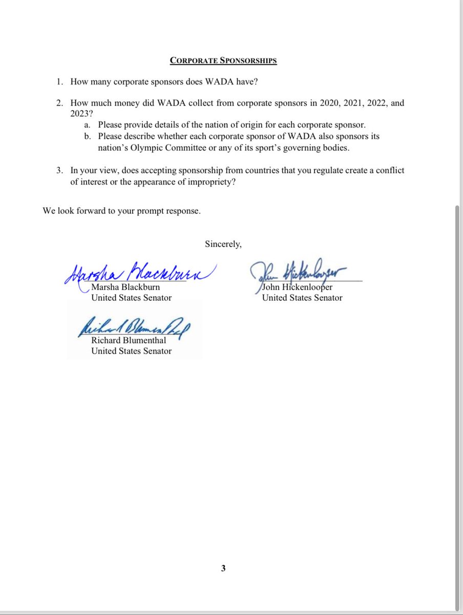 US Senators have sent a letter to ⁦@WADA_ama⁩ president Bańka.