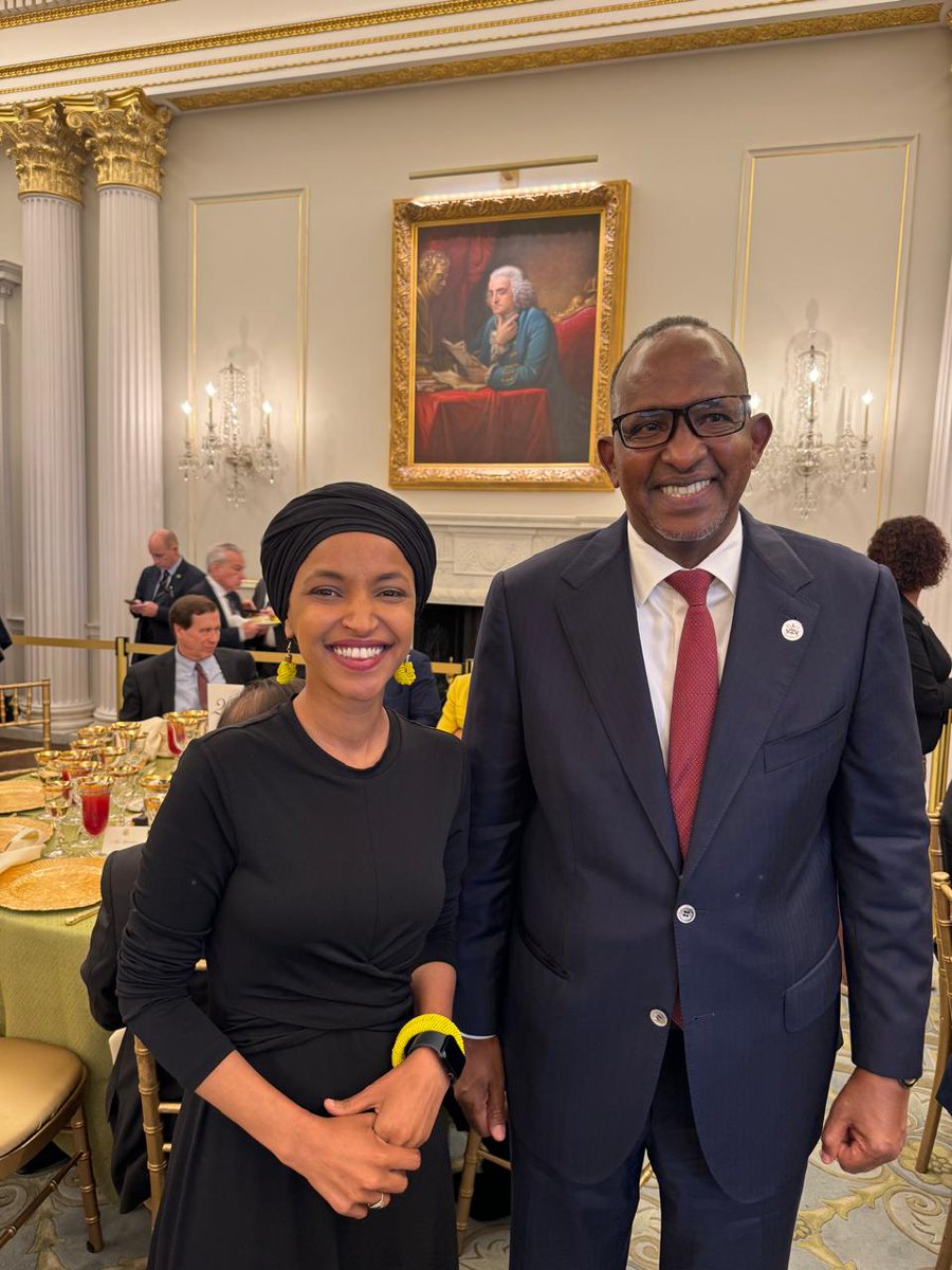 HonAdenDuale's tweet photo. Joined President @WilliamsRuto at a luncheon hosted by U.S. Vice President @KamalaHarris and Secretary of State @SecBlinken, I had the honour of meeting my sister and friend, Congresswoman @Ilhan. 

This encounter was significant, as Congresswoman Omar is an inspiring figure for women, particularly those of the Muslim faith. Her progressive role in politics continues to inspire many.