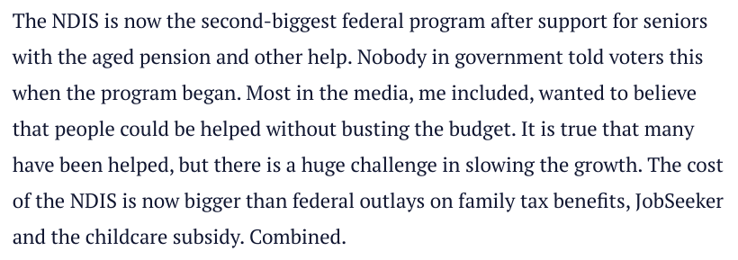 We have some serious national reckoning to do

The NDIS is bloody expensive, and *far* more costly than originally forecast

We must:

- Make our peace with the price of caring in this way

- Drastically reform the model and governance; and/or

- Cut back on the benefits

#auspol